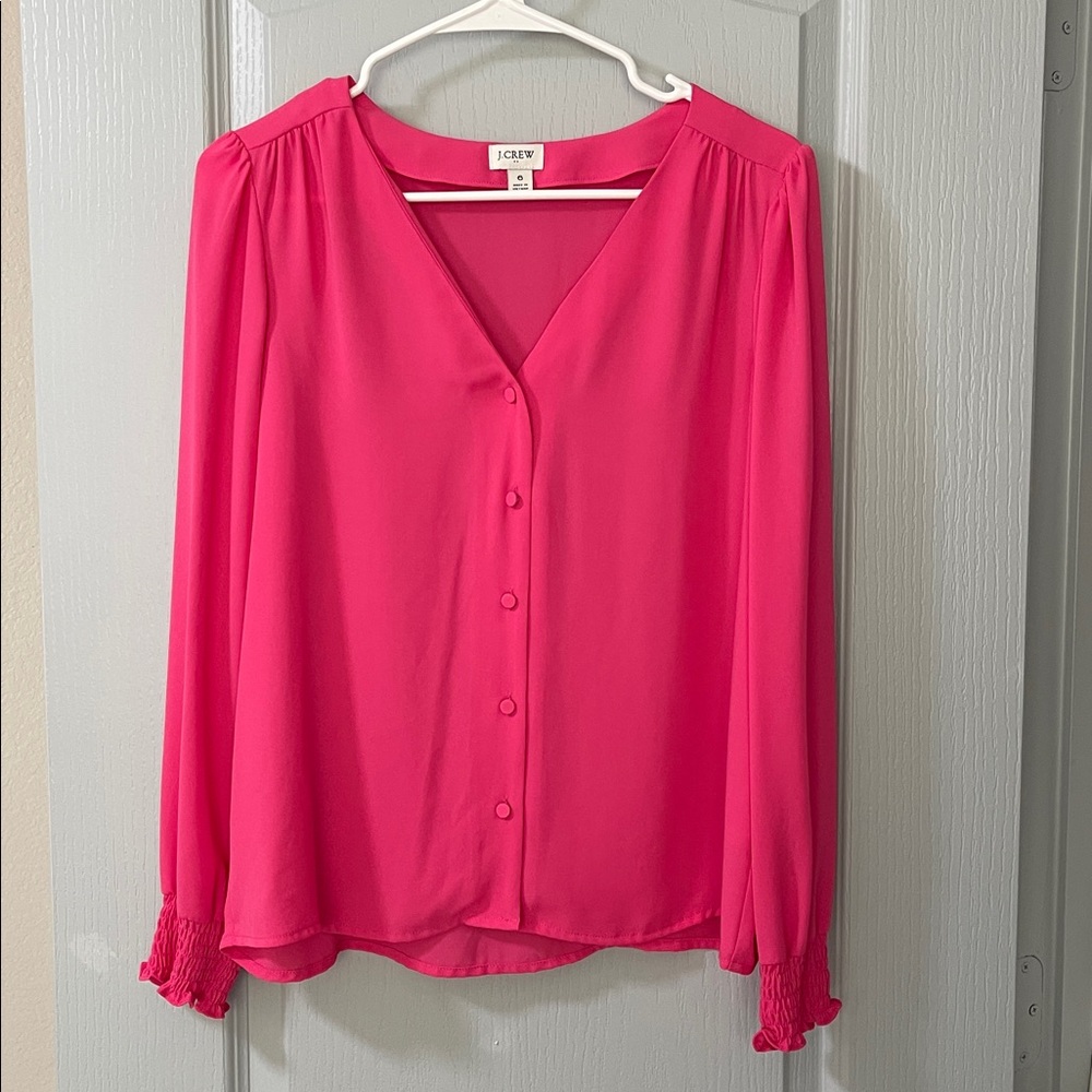 J. Crew Bright Pink Blouse with Smocked Cuffs